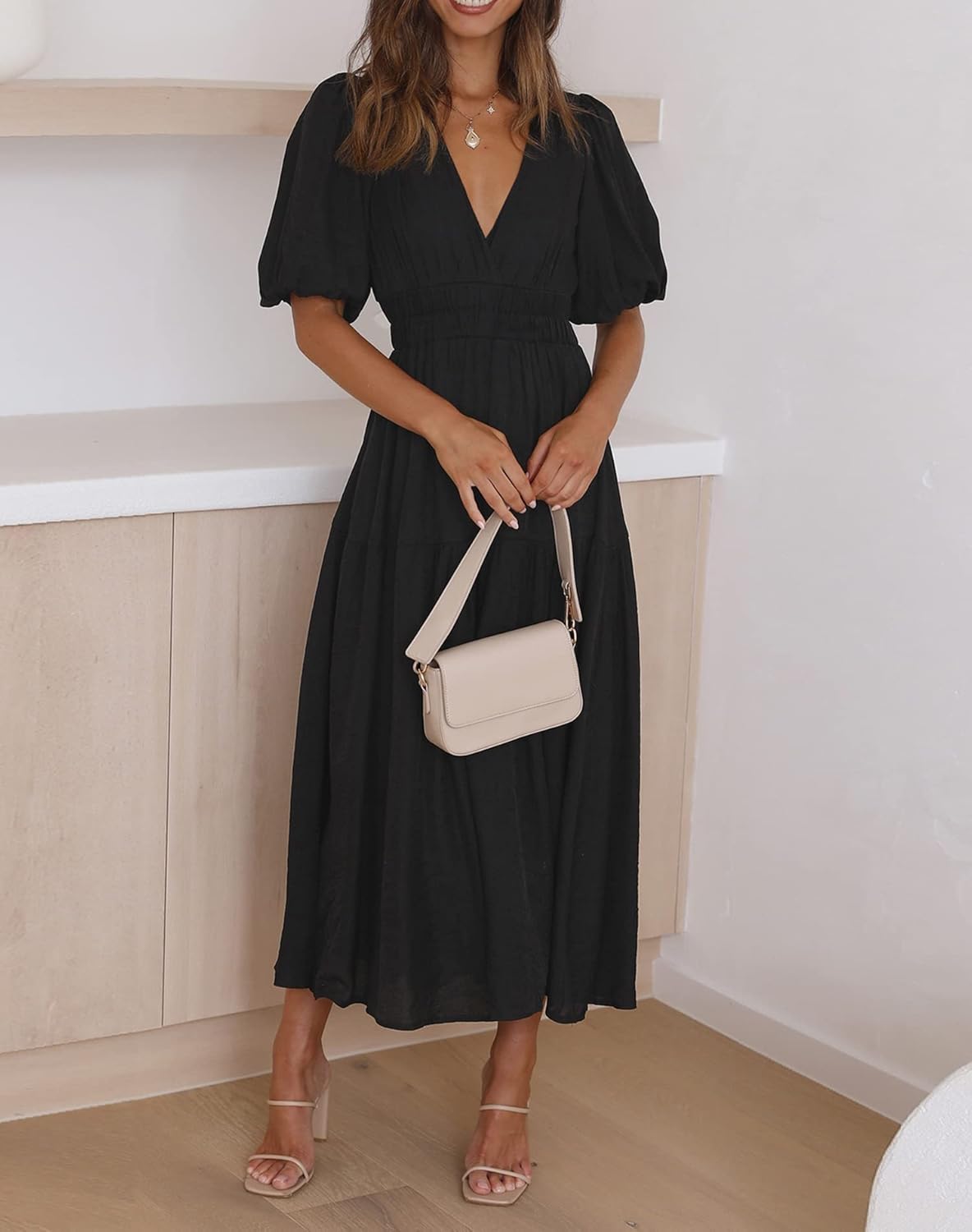 Lucrosun Women's Summer V Neck Short Puff Sleeve A Line Tiered Midi Dress - Image 5