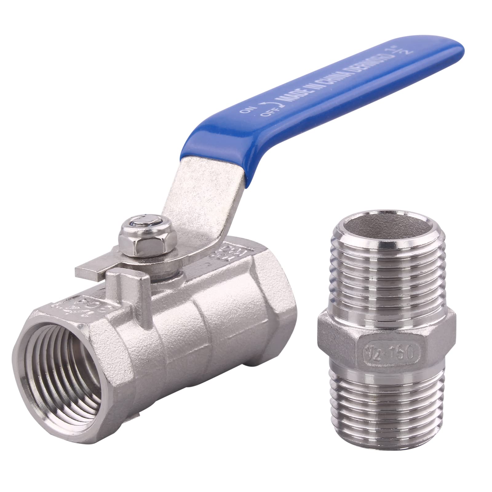 DERNORD 1PC Type Stainless Steel 1/2 Inch Ball Valve NPT Standard Port with Male Hex Nipple for Water, Oil, and Gas
