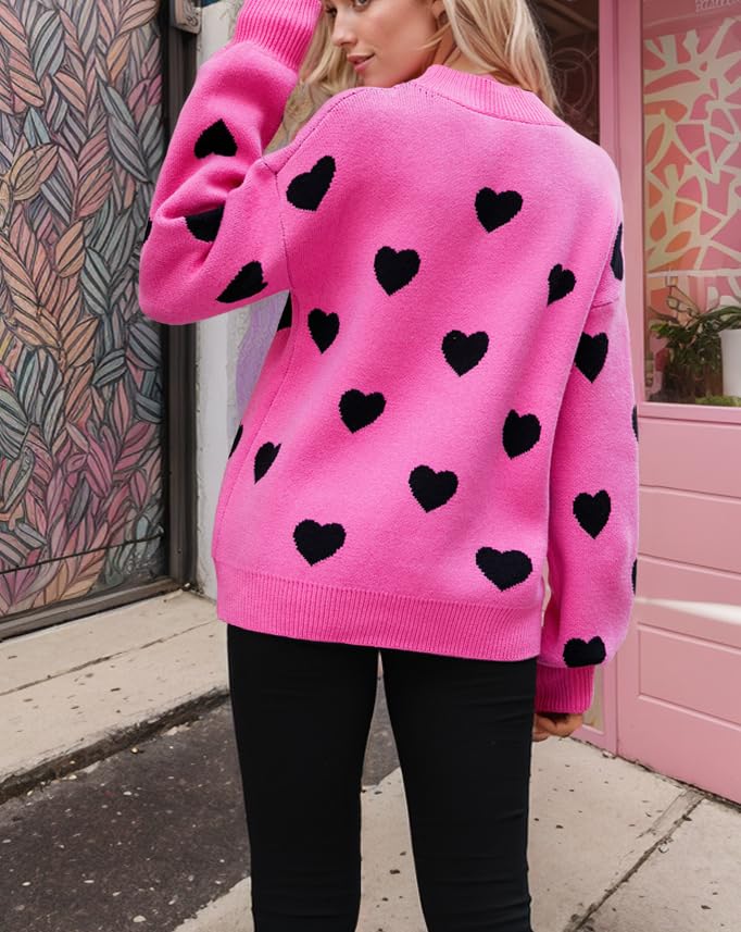 Image of Women's Valentines Pullover Sweaters Cute Hearts Long Sleeve Crewneck Knitted Y2k Sweaters Kawaii Aesthetic Clothes