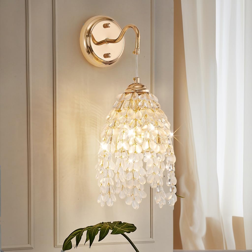 18 Inch Gold Crystal Wall Sconces,Elegant Lamps Set of 2 with Pendant Crystal Shade,Modern Bedside Lamps for Bedroom,Living Room Decor (Large Beads, 18" H x6 W Wall Sconces)