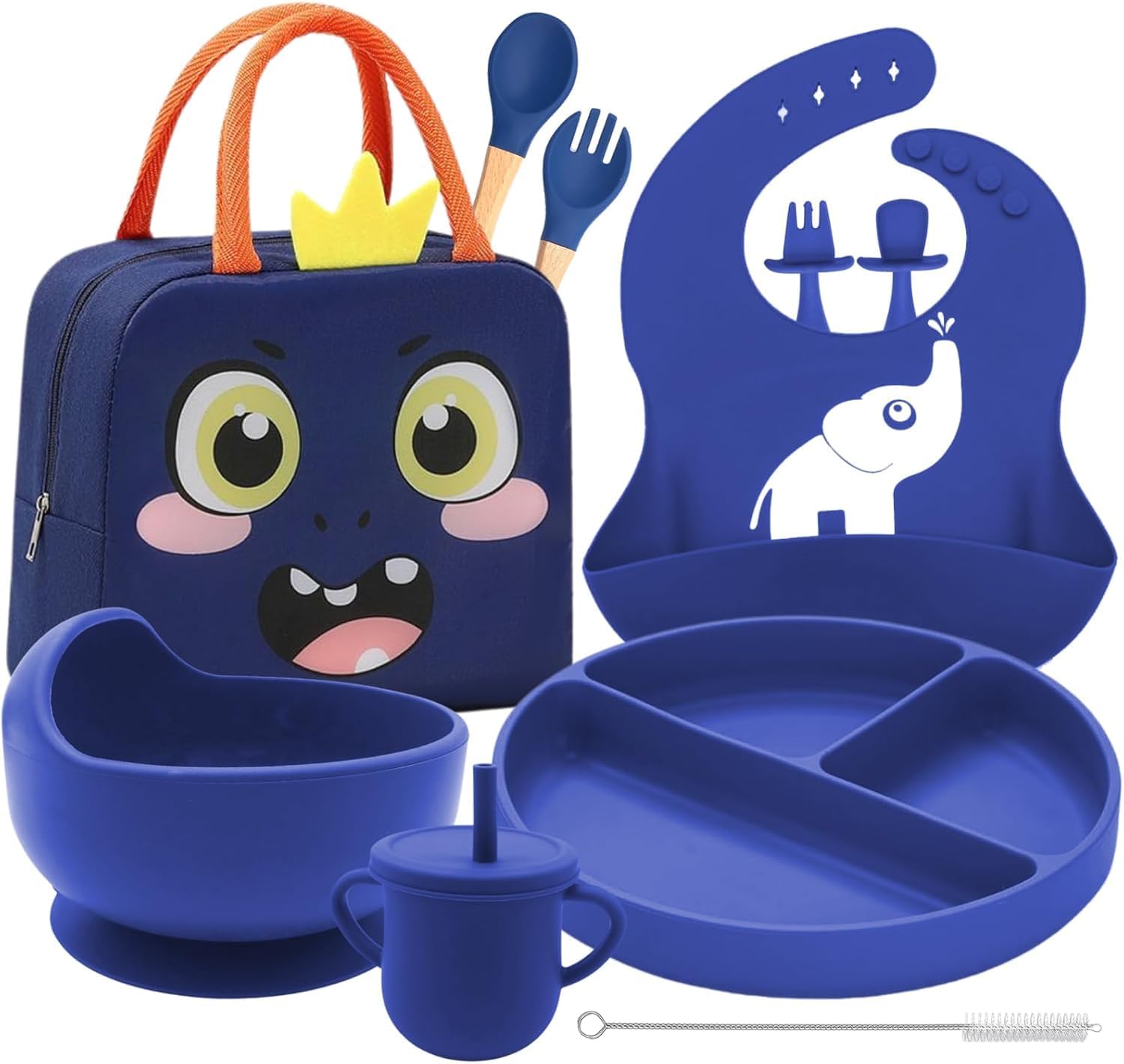 Baby Weaning Set with Adjustable bib | baby feeding set with Sippy Cup, Suction Plate, Bowl & Self-Feeding Cutlery | Silicone Feeding essentials Dishwasher & Microwave Safe (Blue)