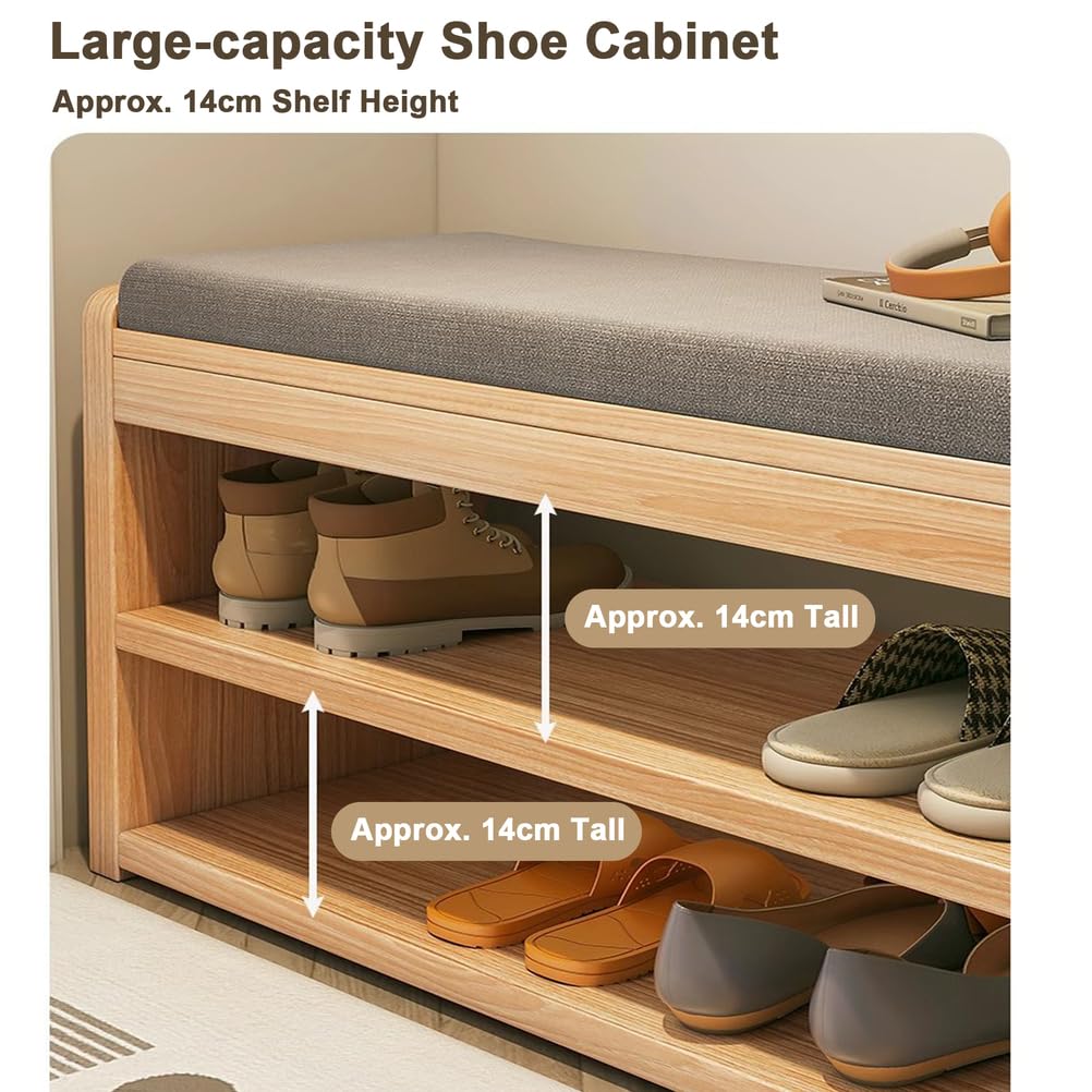 Bancos para Zapatos En La Entrada Estantes para Zapatos En El Pasillo con Cojín Taburetes De Dos Niveles con Espacio Bancos para Zapatos De Madera Maciza para El Salón,Natural,100×30×45.5cm