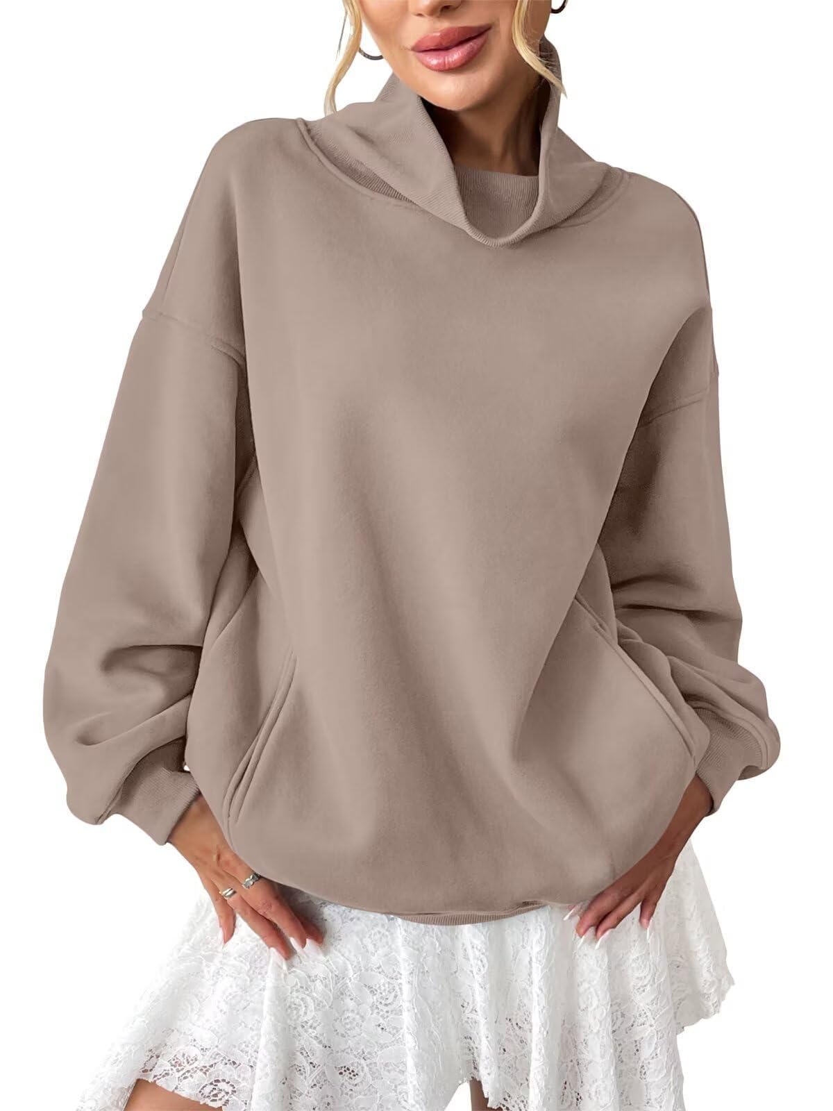 Tomwell Damen Fleece Sweatshirts mit Taschen Oversized Rollkragenpullover