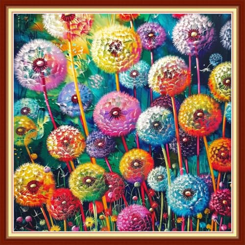 Image of Joyhoor Stamped Cross Stitch Kits for Beginners, Needlepoint Kits for Adults, 11CT Counted Embroidery Kits-Colorful Dandelion 18x18 inchs
