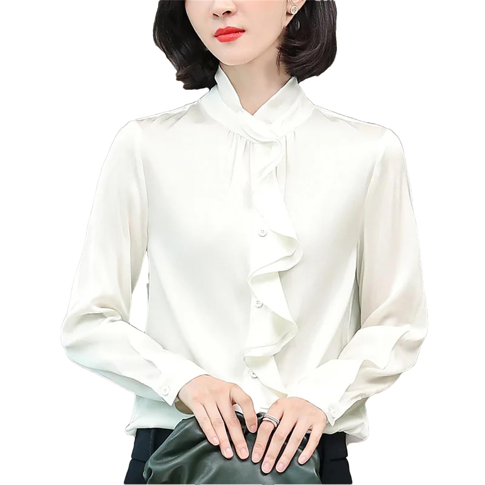Camisas vintage para mujer, cuello alto, manga larga, blusa suelta de seda sólida