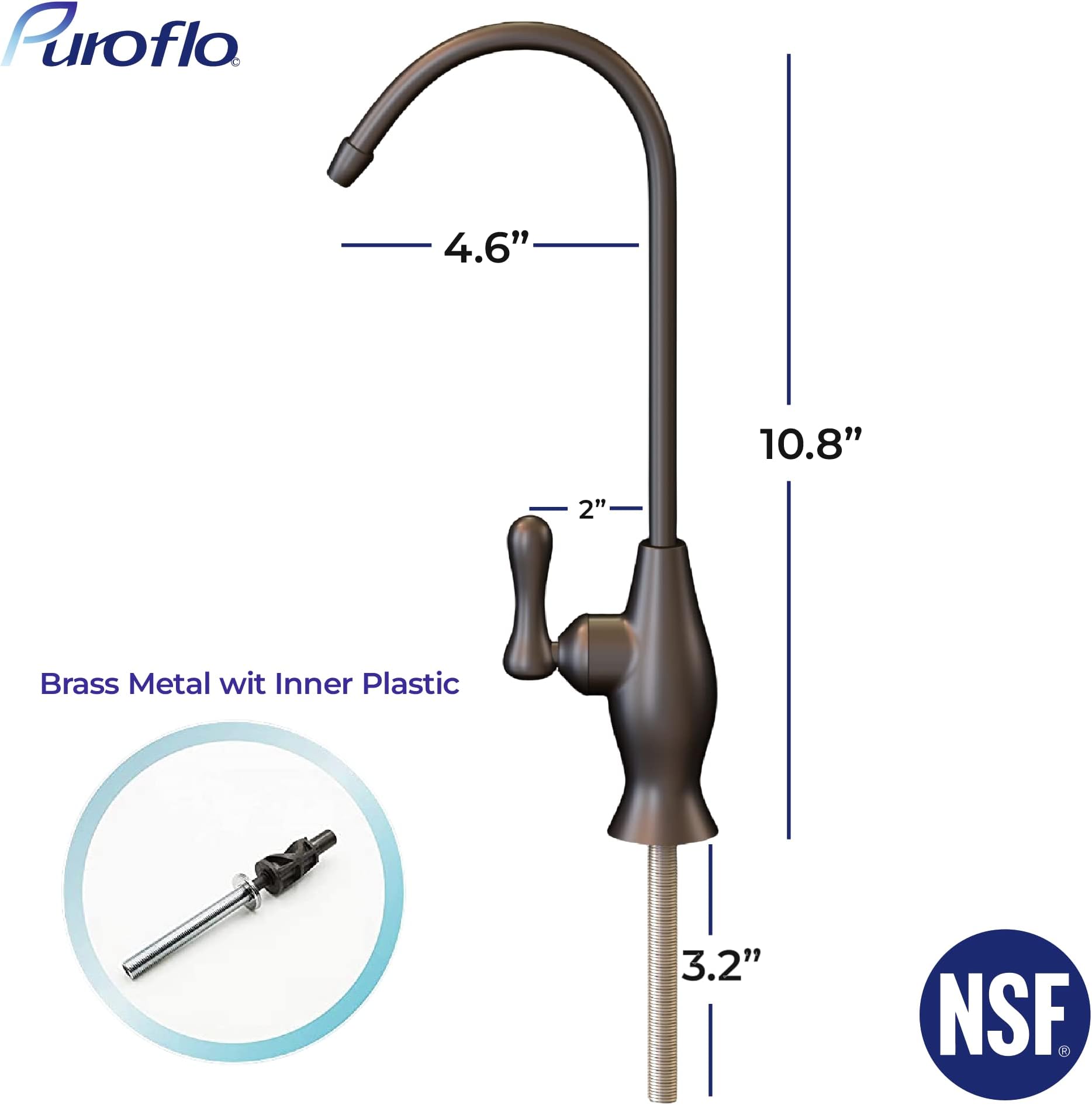 Puroflo Oil-Rubbed Bronze Reverse Osmosis Faucet, NSF Certified Lead-Free Drinking Water Faucet for Under Sink Water Filtration System, Non-Air Gap Bronze RO Faucet, Filtered Water Faucet FLR-575ORB