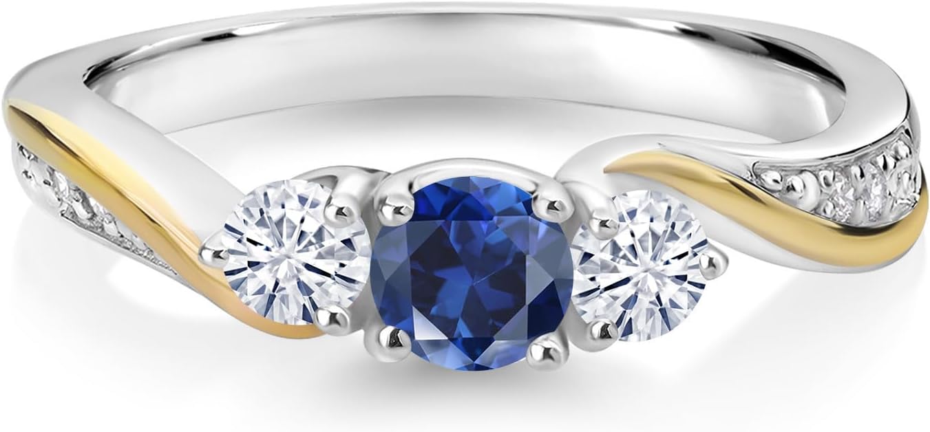 Gem Stone King 925 Silver and 10K Yellow Gold Blue Created Sapphire White Moissanite and White Lab Grown Diamond 3 Stone Engagement Ring For Women (0.48 Cttw, September Birthstone)