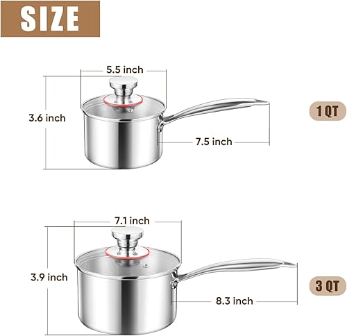 Miniatura 10 de E-far - Cacerola de 123 cuartos con tapa, juego de 3, sartén de acero inoxidable 1810, utensilios de cocina de metal triple para cocina, pasta,