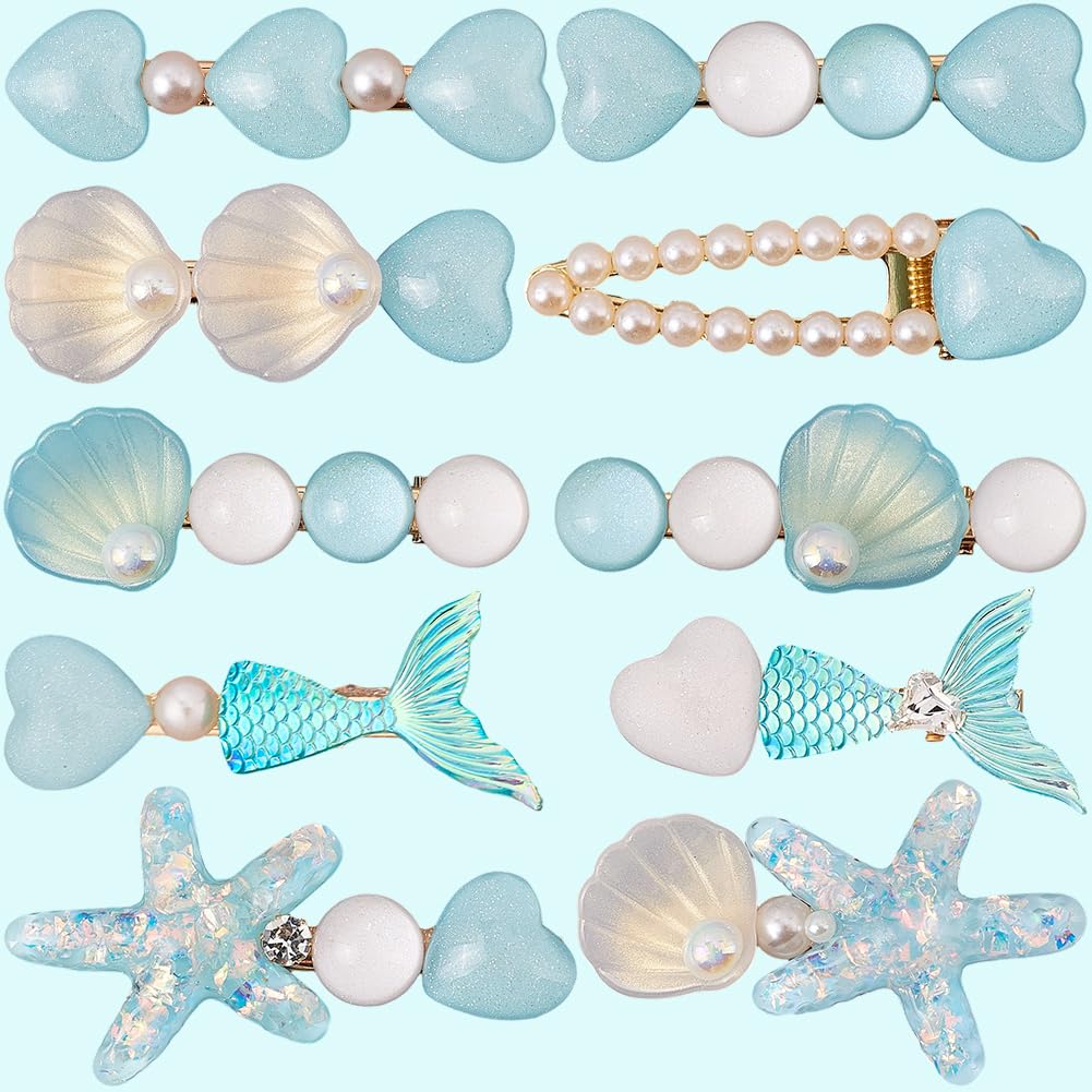 2 Stil 10 Stück Haarspangen Set Mit Blauen Perlen Meerjungfrau Muschel Sommer Strand Pastell Ozean Kunstharz Muschel Seestern Alligator Dekorative Haarspangen In Großpackung Für Frauen Kopfb