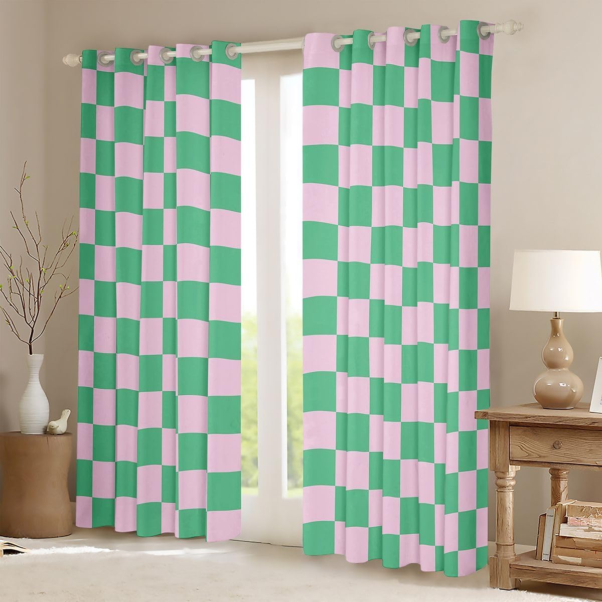 Feelyou Green Pink Plaid Blackout Curtains Checkered Darkening Drapes for Bedroom Living Room Decor Grid Geometric Thermal Insulated Shades Window Treatments, 2 Panels 38 x 54 Inch