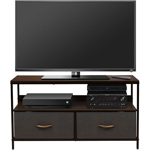 Sorbus TV Stand Cabinet Entertainment Center 25-50 Inch - Living Room Media Console Table, Steel Frame, Wood Top, Fabric Bins (Brown)
