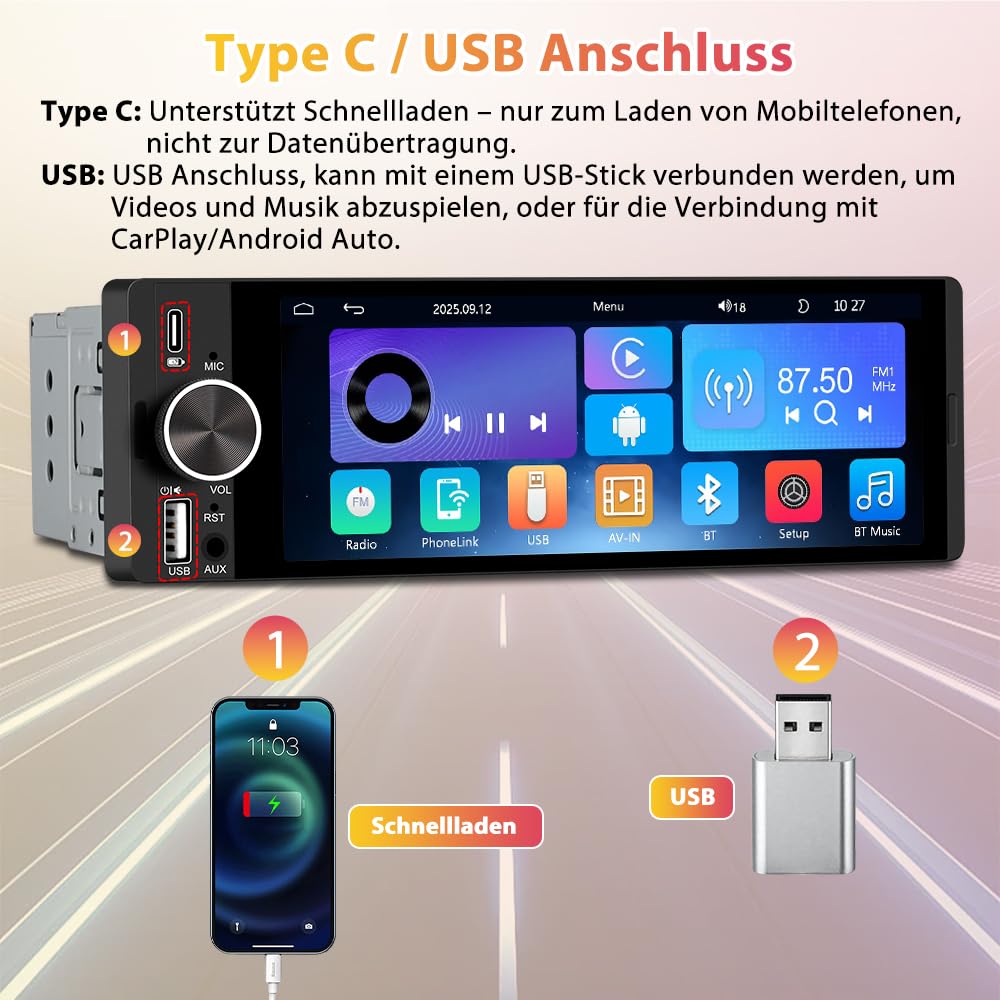 1 DIN Universales Autoradio, Carplay, Android Auto, DAB+, Rückfahrkamera | 6,28 Zoll Touchscreen, Online-Navigation von Carplay, RDS, Typ-C-Anschluss, USB-Anschluss, AUX Anschluss, Bluetooth