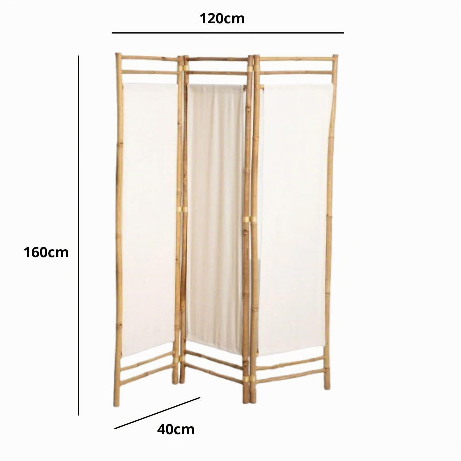 BOX & BEYOND Paravento da Interno - 160 x 120 cm - Separatore di Stanza in Tela e Bambù Naturale - 3 Pannelli per Camera da Letto, Soggiorno - Divisorio Amovibile
