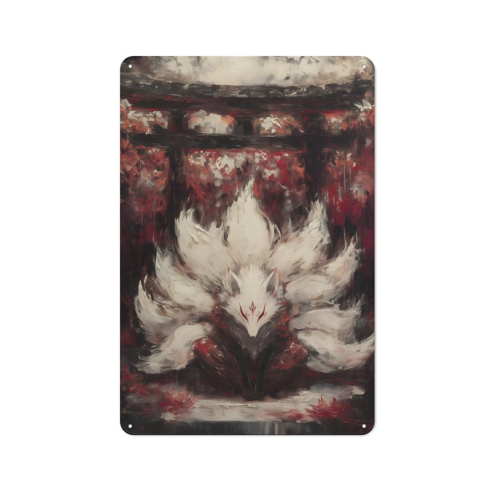 Junmoney Nine-Tailed Fox Painting Nostalgic Decorative Tin Sign 30X20cm, Vintage Wall Decor For Lounge, Study, Pub Or Wall Gallery