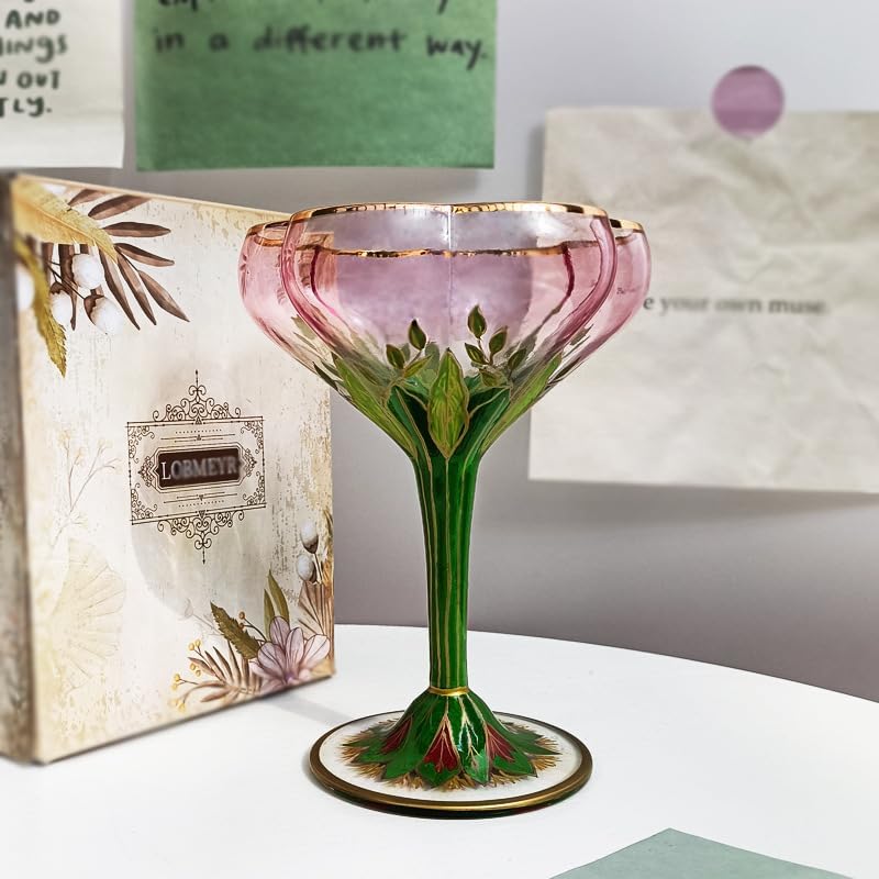 Austrian Medieval Stemware & Dessert Set: Hand-Painted Floral Champagne/Wine Glasses + Ice Cream Bowls for Weddings, Parties & Holidays(Champagne glass)