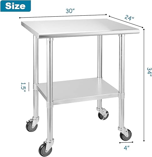Miniatura 2 de Wrilibo Carrito de acero inoxidable con ruedas, mesa de preparación de cocina de 24 x 30 pulgadas con estante inferior ajustable, mesa de trabajo de