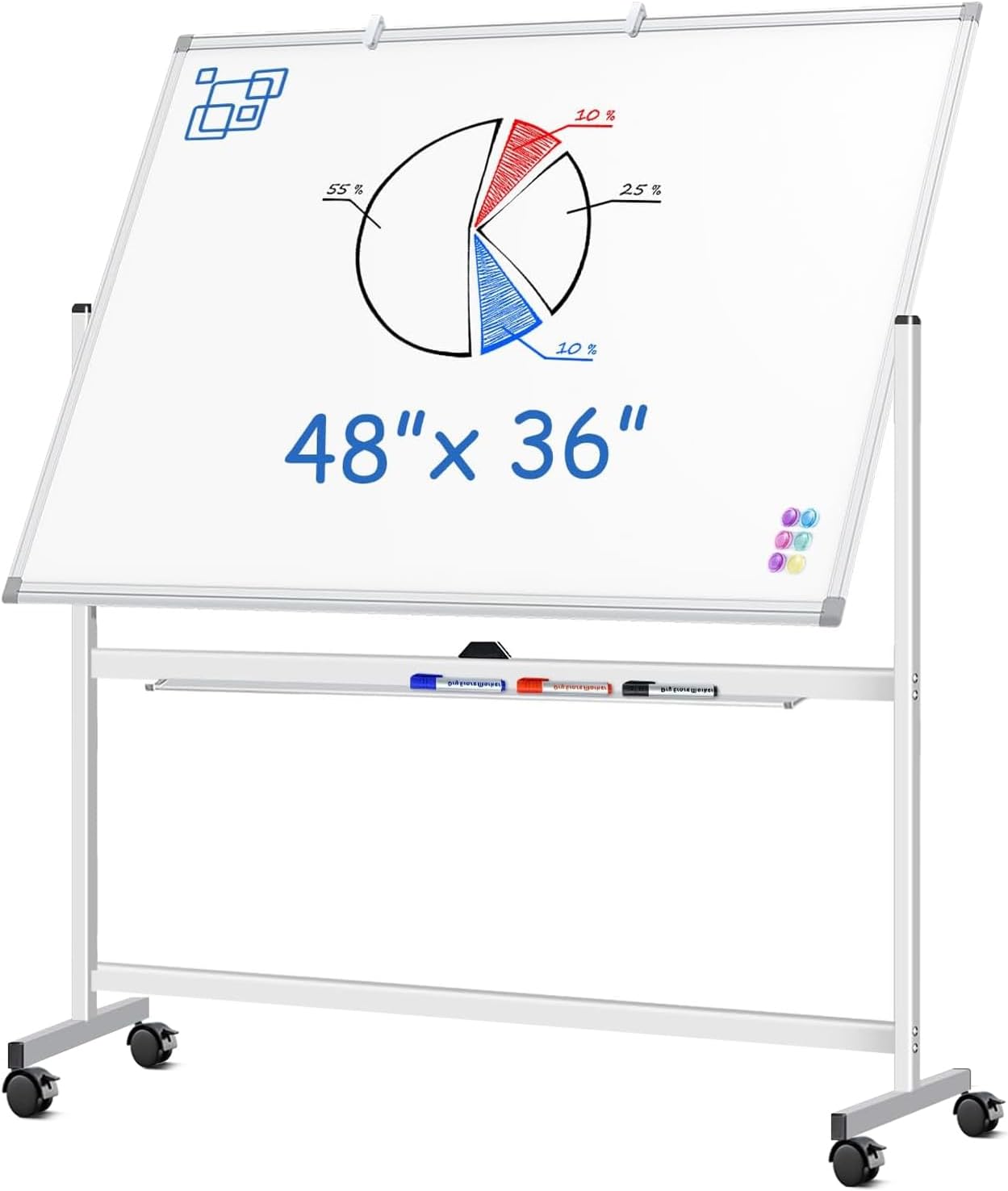 Large Rolling White Board, 48x36 in Double-Sided Mobile Whiteboard, maxtek Reversible Magnetic Dry Erase Board Easel Standing Whiteboard on Wheels Portable Board for Office Classroom and Home, Silver