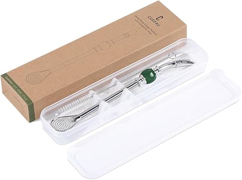CUOPRU Yerba Mate Bombillas Set - Included Mate Gourd Stainless Steel Straws with Straw Case, Removable Head Filter, Colorful Bead, Cleaning Brush Green