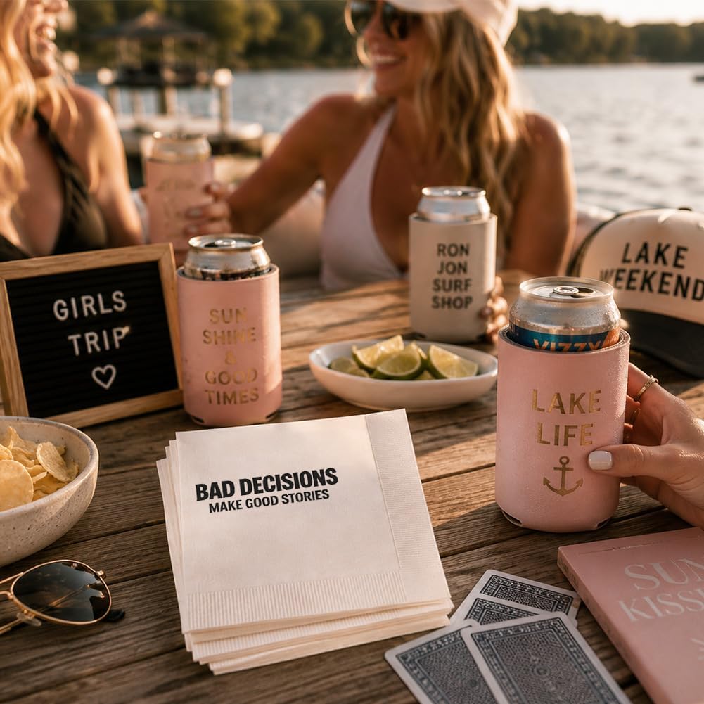 Funny Cocktail Napkins – “Bad Decisions Make Good Stories” – 100 Pack 2 Ply Beverage Napkins for Girls Night, Bachelorette Party, Birthday, Funny Party Decor