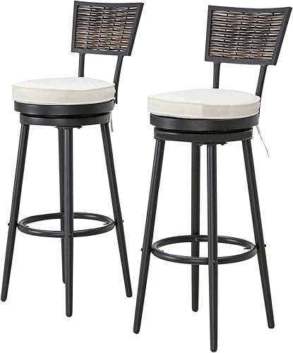 LOKATSE HOME Taburetes de bar giratorios para exteriores, juego de 2 sillas sin brazos para pub, cocina, cafetería, patio, bistro, beige