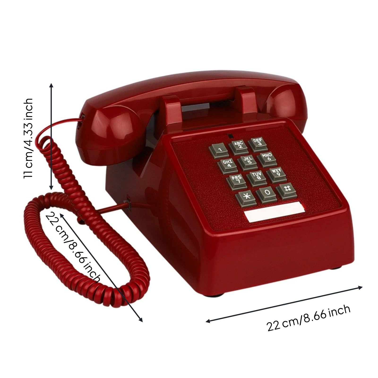 Teléfono Retro de Botones con Apariencia Clásica Teléfono Fijo con Auricular con Cable Campana Mecánica y Uso Confortable Plástico y Metal Adecuado para Hogar Estudio Oficina, Rojo Azufaifo