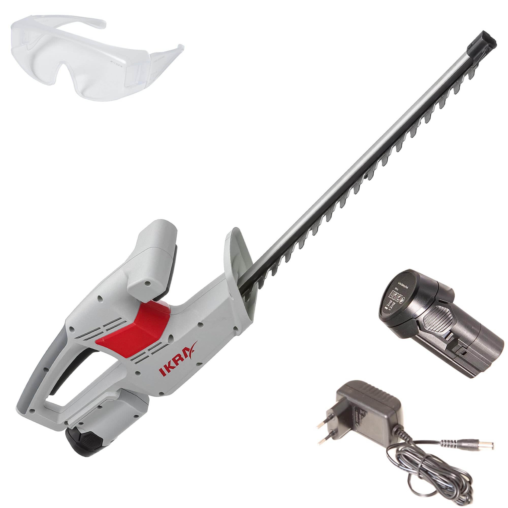 IKRA Nożyce do żywopłotu IAHS 1240 z akumulatorem, ładowarką i okularami | Nóż z aluminiową prowadnicą i osłoną, długość cięcia 41 cm, grubość 14 mm, kompatybilny z akumulatorami IKRA 12V