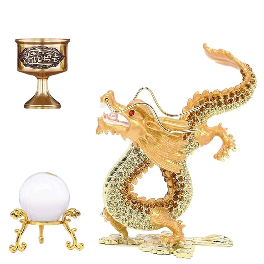 風水・縁起物】開運龍の大型置物 水晶玉を抱える龍 台座付き