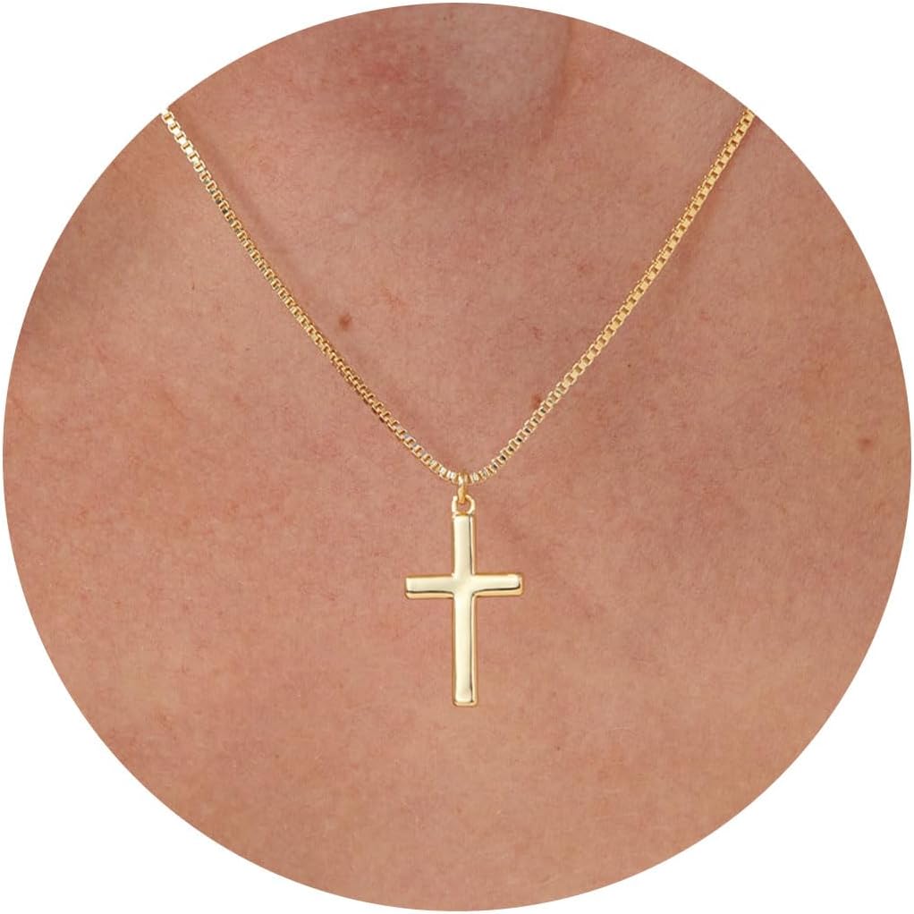 VRIUA Cross Necklace for Women 14K Gold Plated Dainty Gold Cross Necklace Simple Small Cross Necklace Box Chain Cross Pendant Necklace Everyday for Women