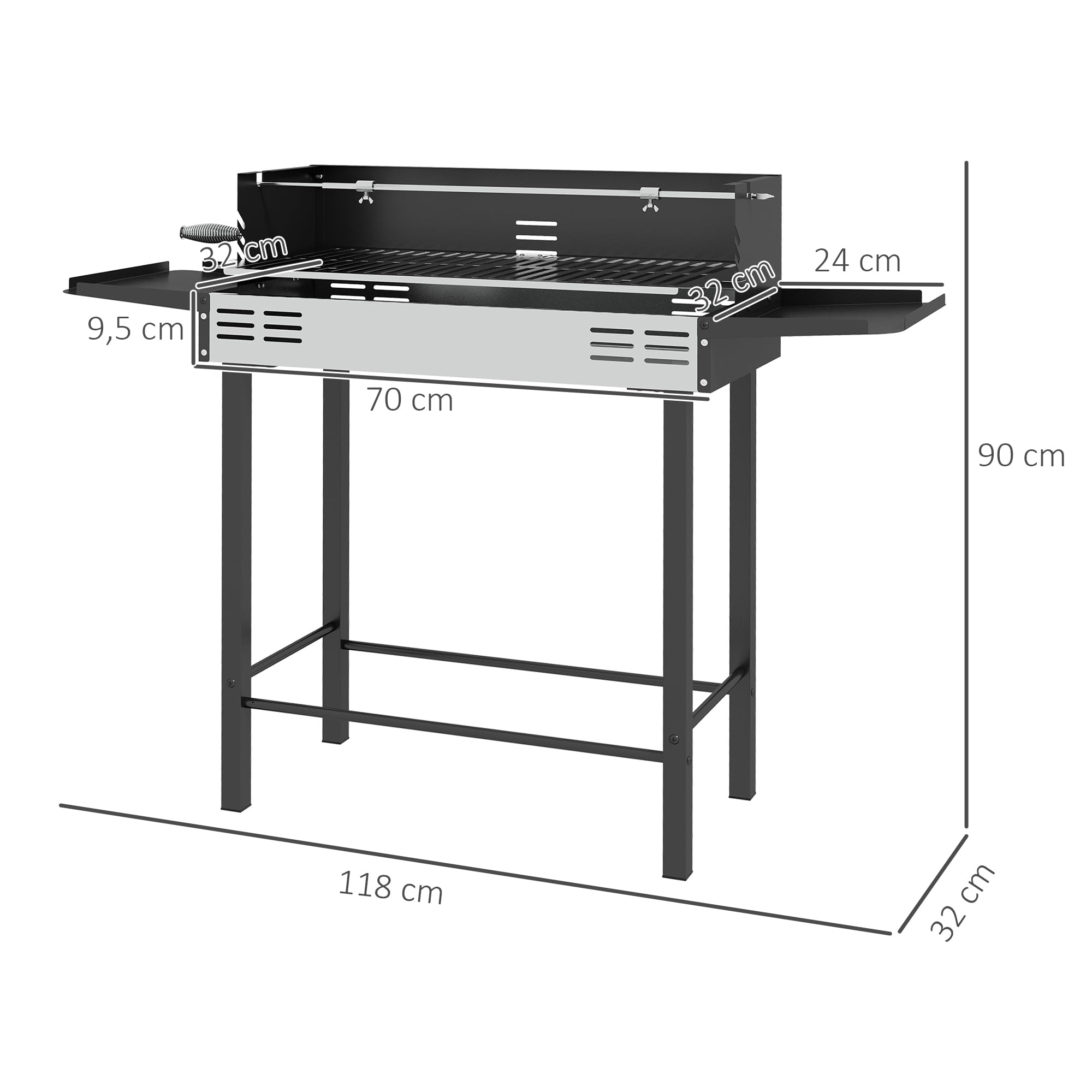 Outsunny Grill na węgiel drzewny, grill kempingowy z rusztem do grillowania i zestawem do rożna, składany, na kemping, do ogrodu, ze stali nierdzewnej + metal, czarny, 118 x 32 x 90 cm