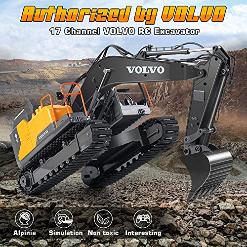 Image of Double E Volvo 1:16 Scale Remote Control Excavator, 17 Channel 3-in-1 Construction Toy with Metal Shovel, Drill, Grab & Lights, 2.4GHz Full Function Digger for Outdoor Sandbox, Gift for Kids & Adults
