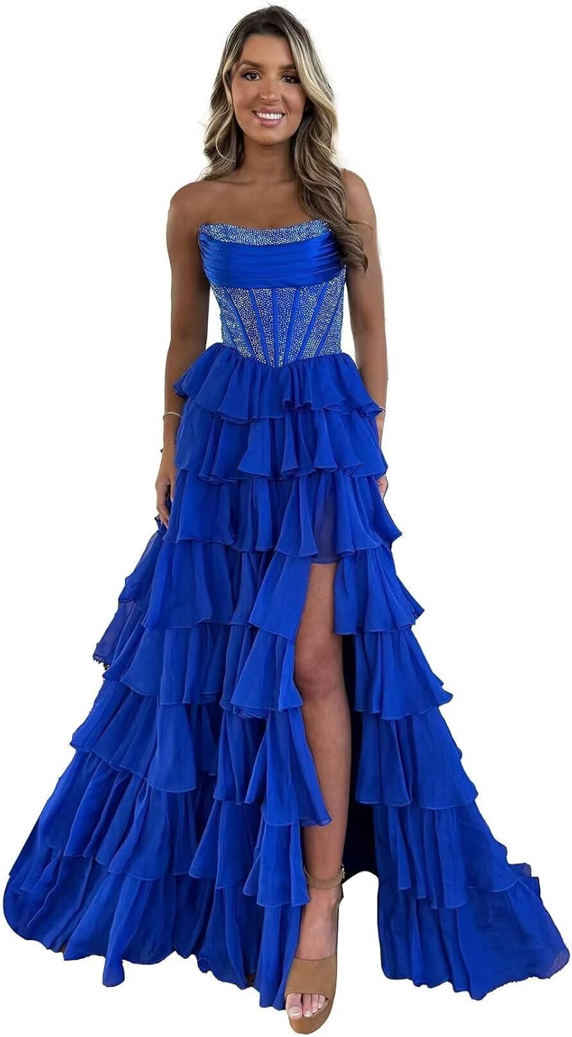 Strapless Ruffles Prom Dresses for Women Sparkly Tiered Chiffon Corset Long Formal Evening Gowns with Slit