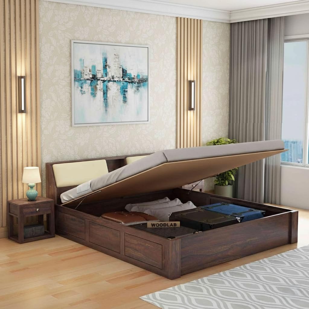 WOODLAB Furniture Sheesham Wood Mayor Queen Size Bed with Hydraulic Box Storage for Bedroom Living Room Wooden Double Bed Cot Palang for Home Hotel (Walnut Finish)