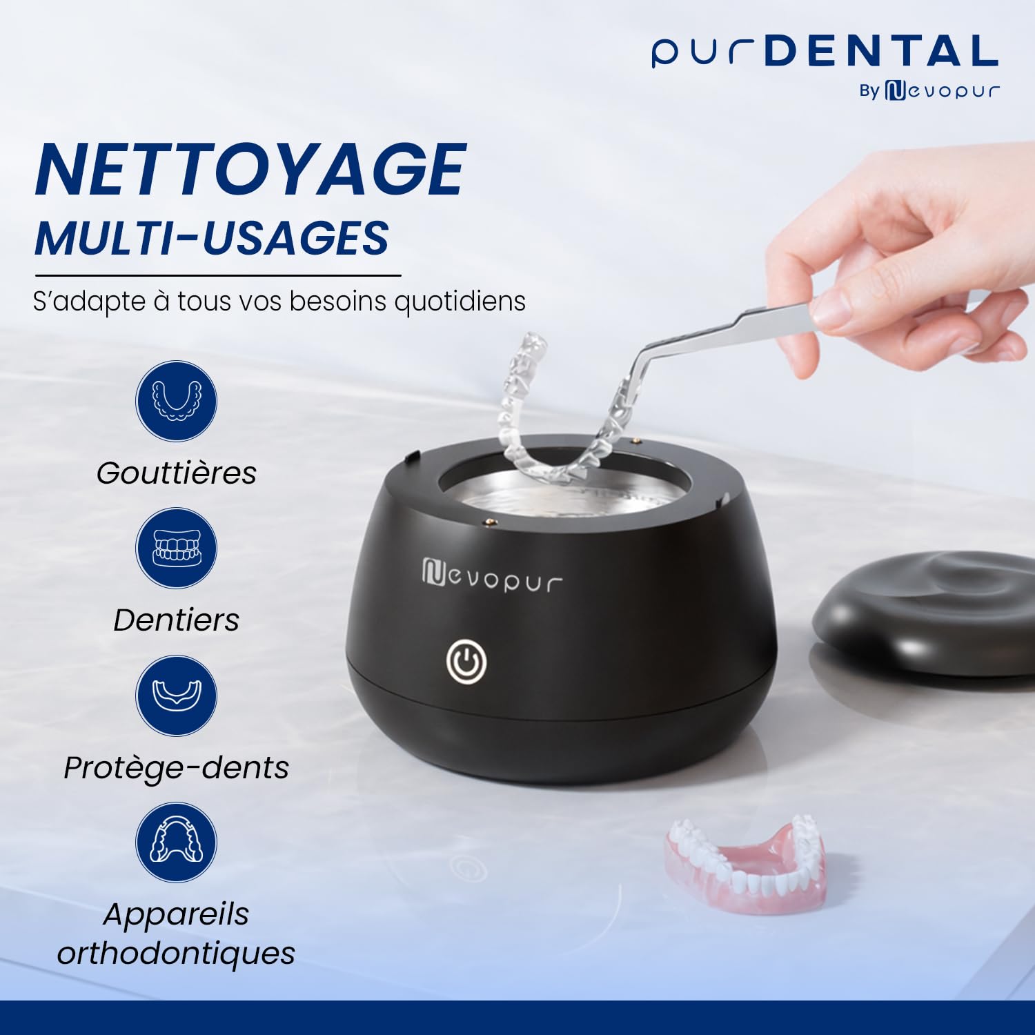 Nettoyeur Ultrason Appareil Dentaire purDENTAL by NEVOPUR – 48 kHz UV, Bac Inox 200 mL – Nettoyant Gouttière, Dentier, Prothèse, Aligneur – 6 purTABS inclus (tablettes nettoyantes) - 5