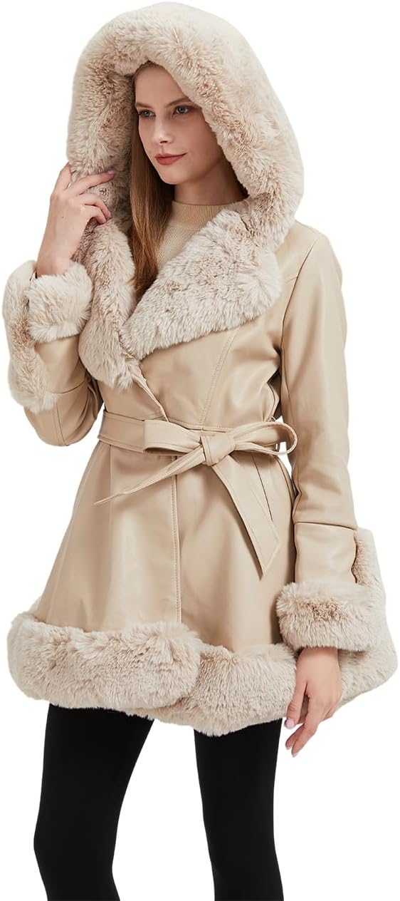 GRAN ORIENTE Women's Faux Leather Jacket with Faux Fur Collar, Winter Long Sleeve Furry Trim Peplum Parka Coat with Belt - Image 5