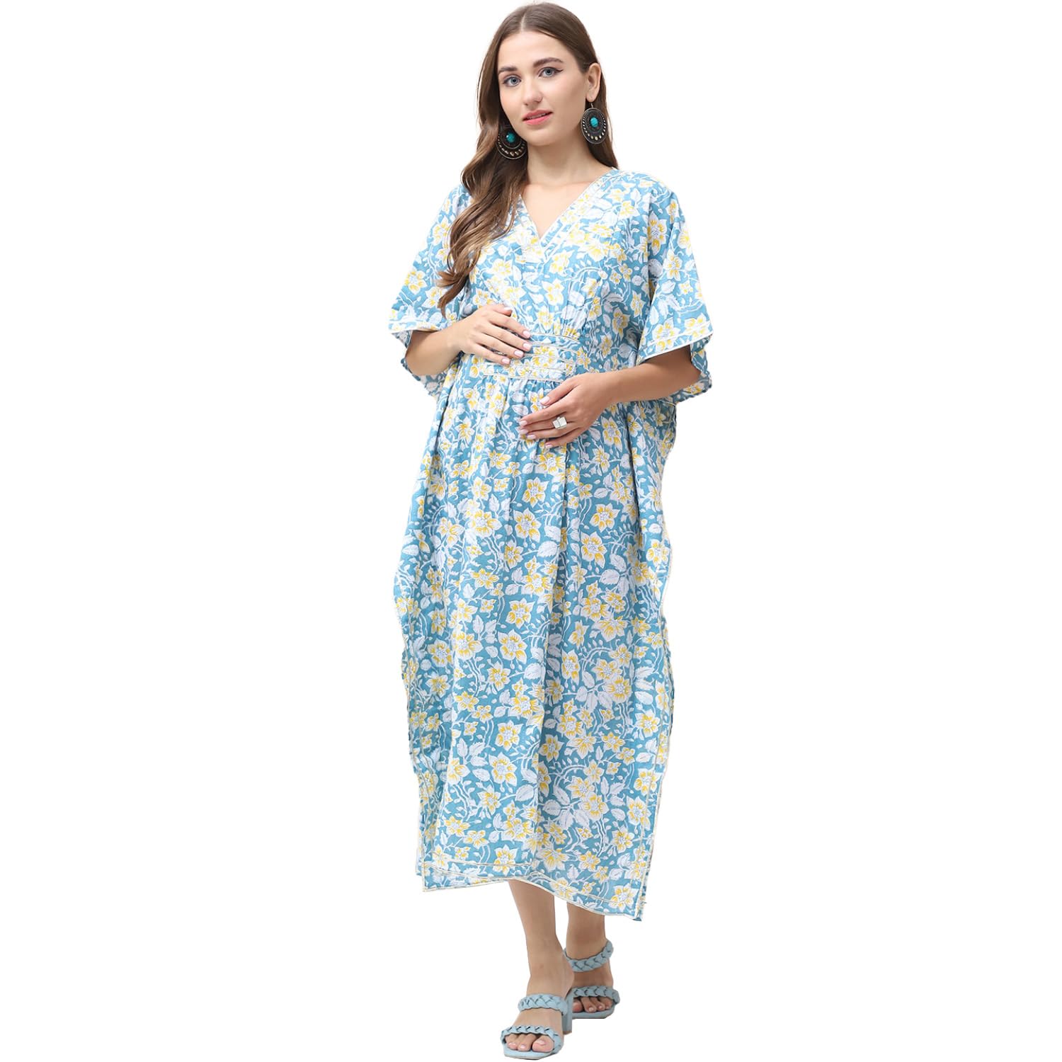 Secret Wish Floral Print Cotton Lurex Maternity Kaftan Dress Calf Length/Feeding/Nursing/Zipper/Elasticated Waist/Printed