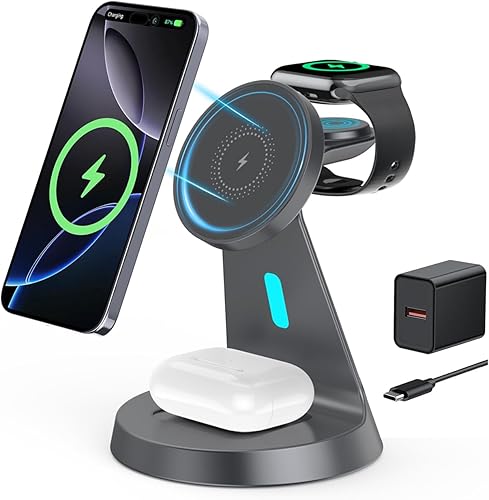 3 in 1 Charging Station Compatible with Magsafe Charger Wireless Charging Station for iPhone 16 15 14 13 12 Series Wireless Charger Stand for AirPods Wireless Charging Stand for iWatch Series