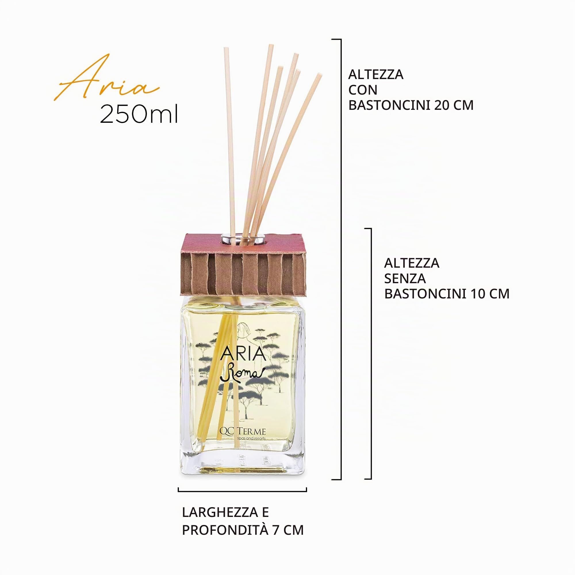 QC Terme ARIA ROMA, Profumatore per ambiente in vetro a bastoncini 250 ml, Fragranza mediterranea con note di bergamotto e legno di sandalo, Made in Italy