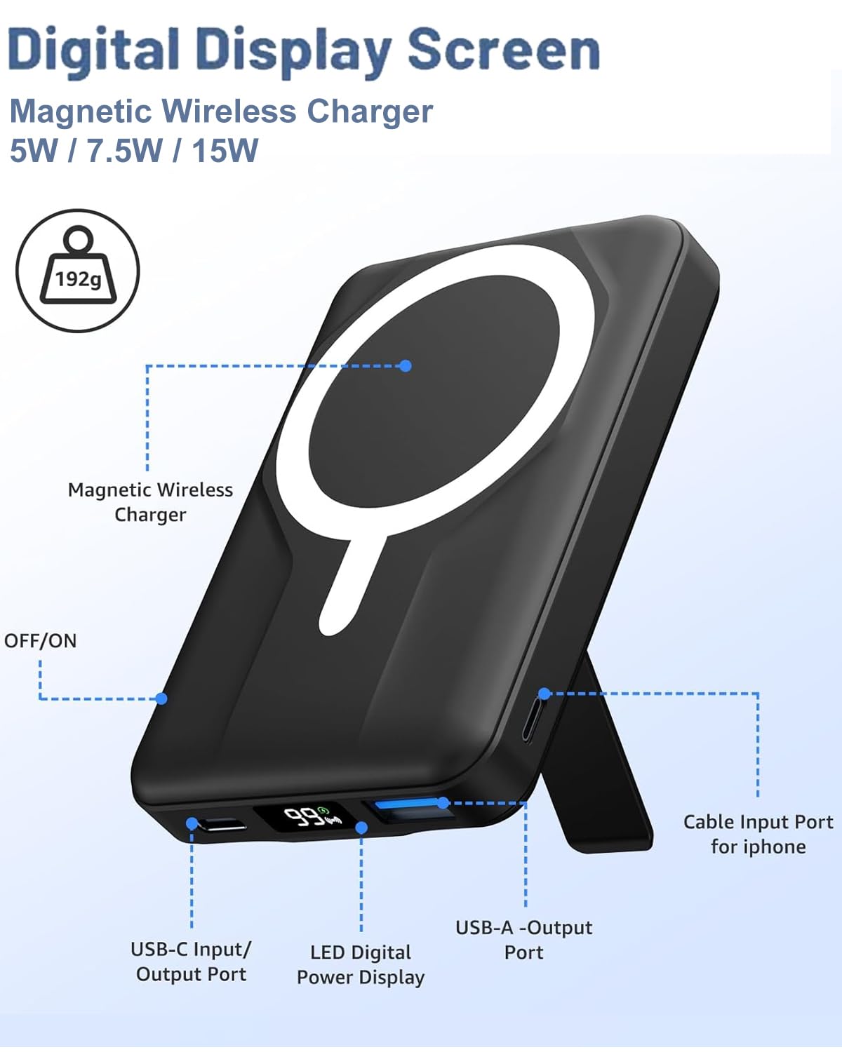 Azmuth Powerbank per Magsafe, 10000mAh Power Bank Batteria Esterna Magnetica, Caricatore Portatile Ricarica Rapida con Display LED, Wireless Powebank per iPhone 17/16/15/14/13/12 Serie, Nero