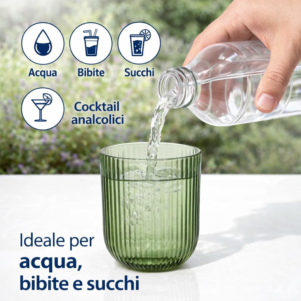Set 6 Bicchieri Vetro Rigato 300 ml – Bicchieri Acqua e Cocktail Design Moderno, Bicchieri Colorati Eleganti per Tavola e Cucina, Resistenti Lavastoviglie, Tumbler in Vetro (Verde)