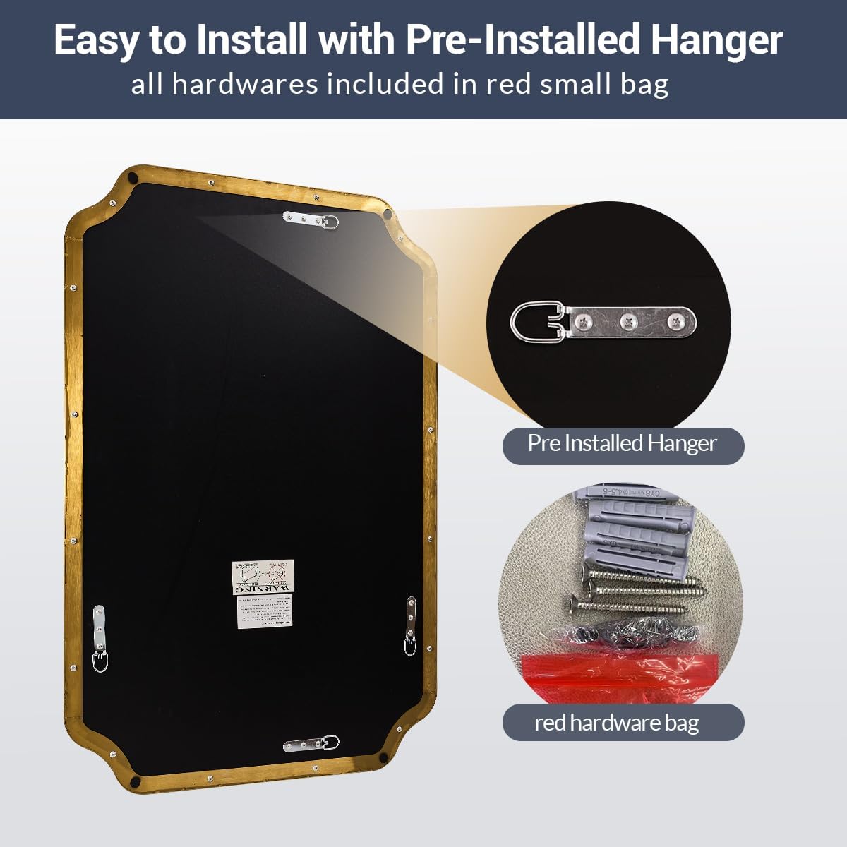 Gold Bathroom Mirror 30x40 Inch, Scalloped Brass Mirrors for Bathroom Sink, Notched Corner Rectangle Mirror in 1’’ Stainless Steel Metal Frame Home Remodel Wall Mount Vertical/Horizontal