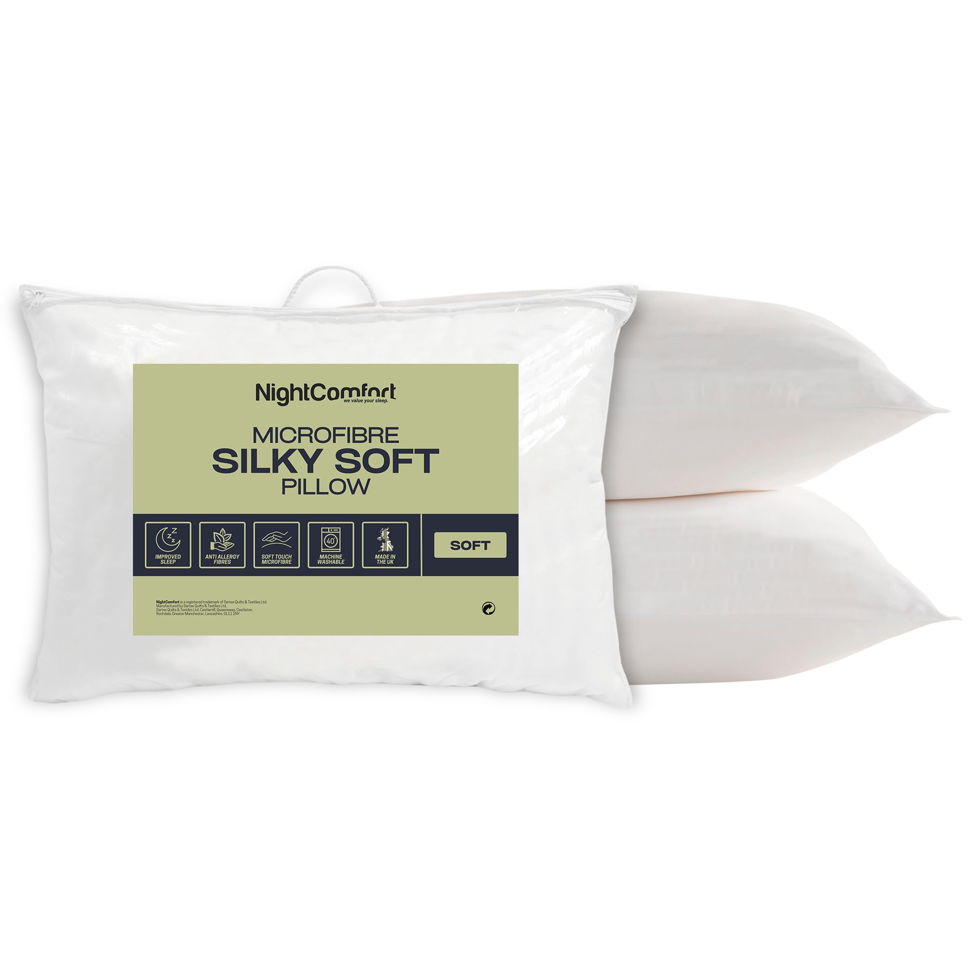 Night Comfort Silky Soft White Pillow - Hypoallergenic Soft Support, Microfibre Pillows for Front and Stomach Sleepers, Filled with Bouncy Hollowfibre, Big Pillows for Bed (Pack of 2, Soft Support)