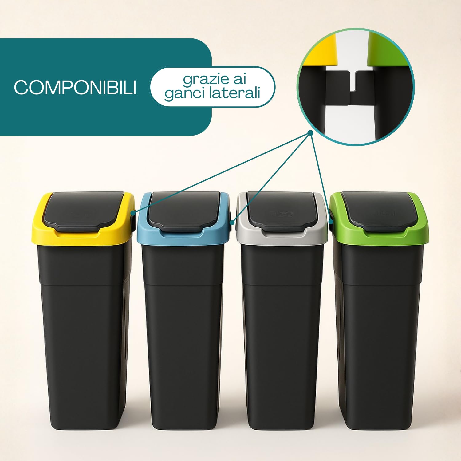 PALUPLUS Set 4 Pattumiere per Raccolta Differenziata da 25 Litri, Misura 24x37x51 cm, Secchi Neri Componibili con Coperchio Basculante, Dettaglio Verde, Giallo, Azzurro e Grigio -06C -4,4