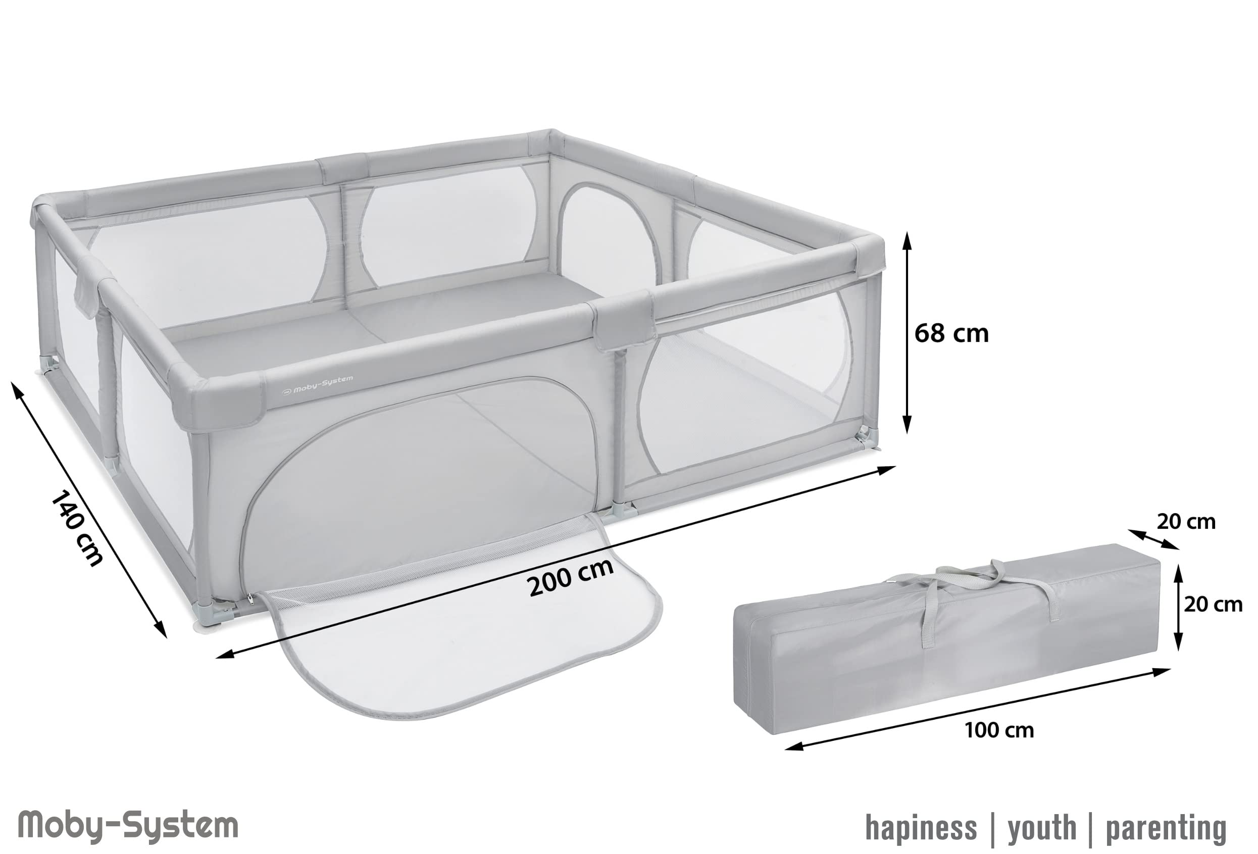 Moby-System Parque Infantil Bebé Plegable - Centro de Actividades con Base Antideslizante 200x140cm - Corralito Impermeable con Ventanas y Cremallera, Incluye Bolsa de Transporte - Gris