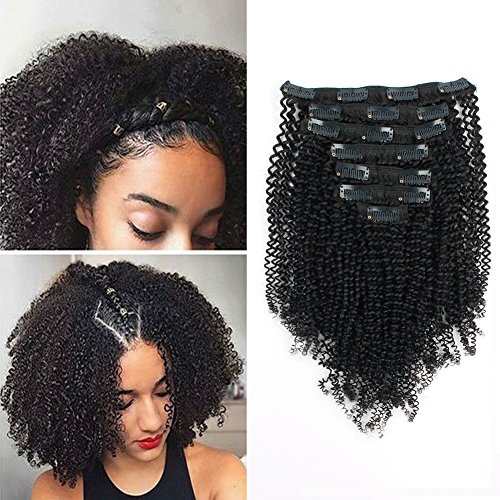 Sassina Double Wefts Clip in Human Hair Extensions Kinky Coily Style 4B Natural Black For African Americans Afro Kinky Coily Clip on 7Pcs-lot 120Grams-set 4C 14 Inch