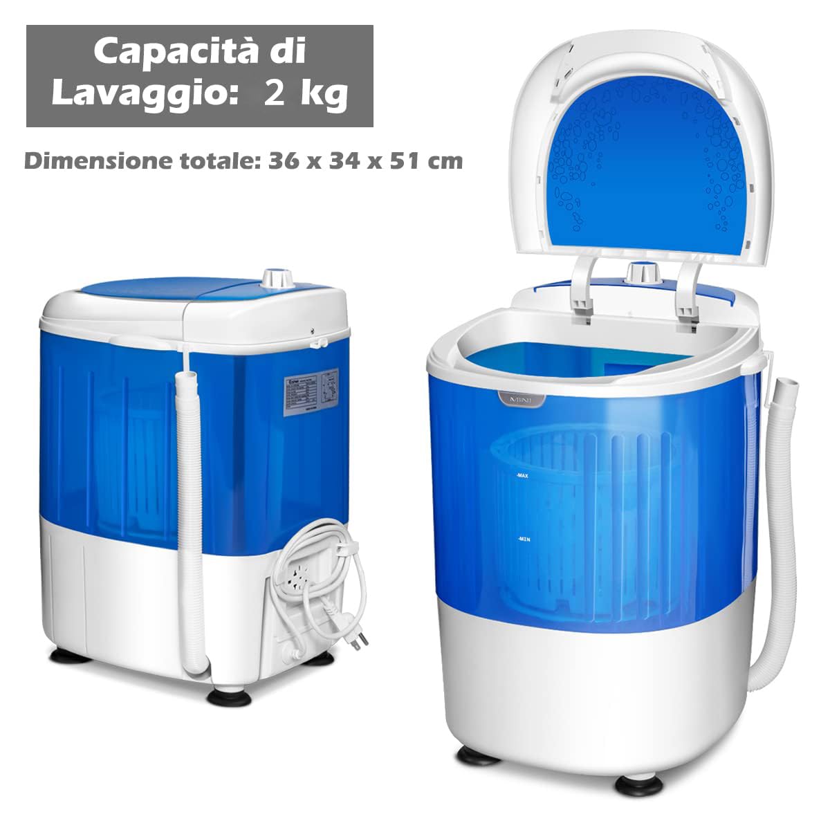 RELAX4LIFE Mini Machine à Laver Semi-automatique avec Minuteur, Mini Lave-linge Compact avec Capacité de Lavage 2 KG, 36X34X51CM, Bleu