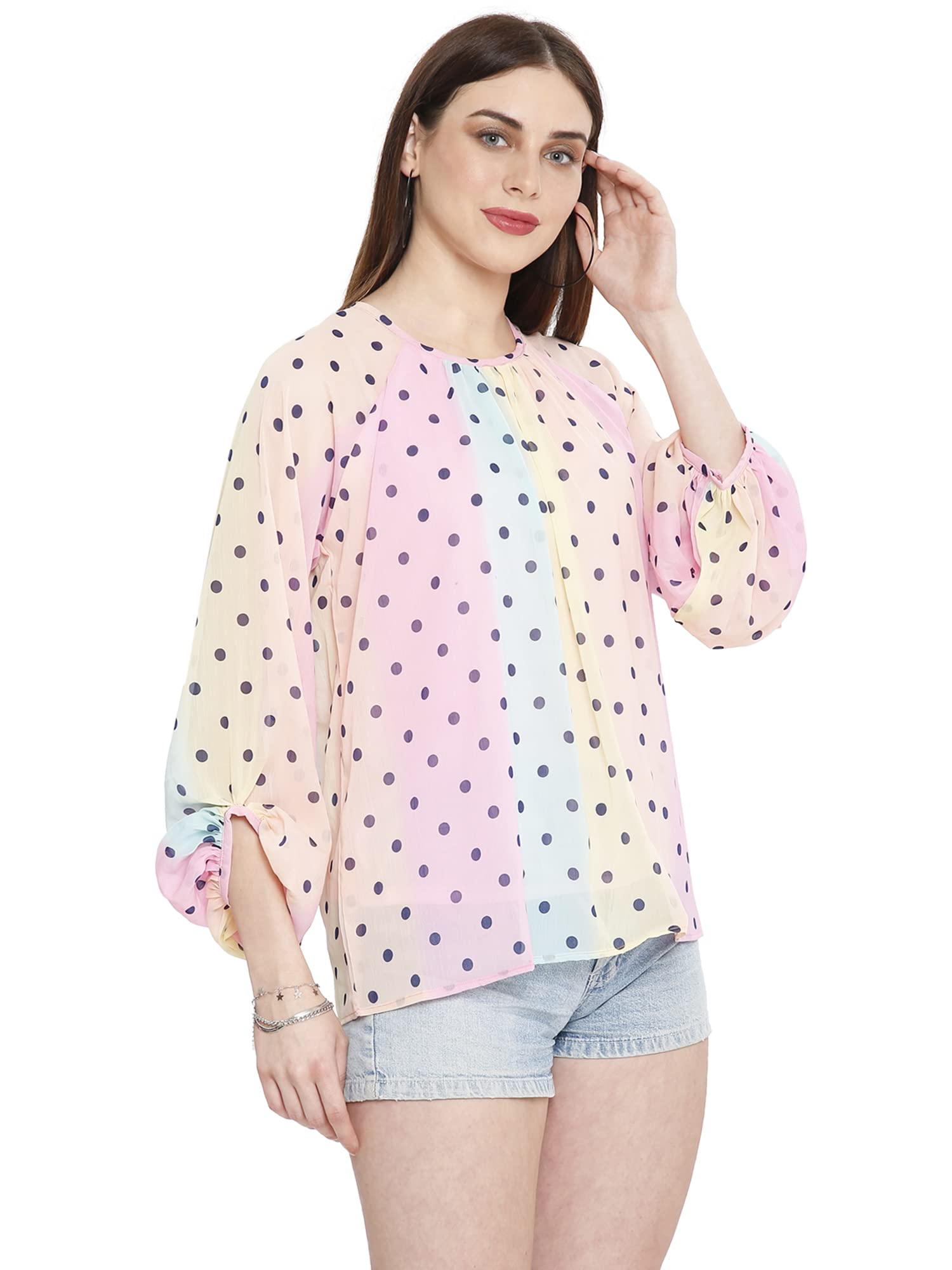 InTrend ForeverWomen's Top with Balloon Flared Long Sleeve Pastels Multi Color Polka Dot