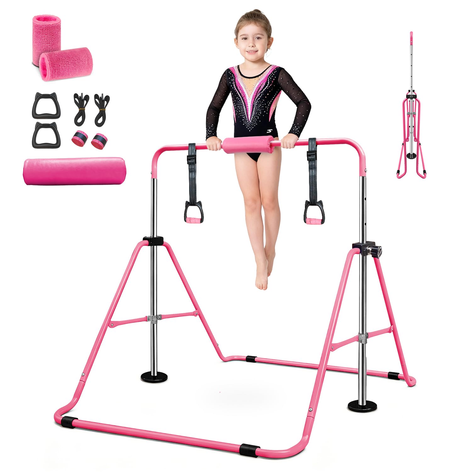 Folding Gymnastics Bar With Rings, Folding Horizontal Bar, Adjustable Height Folding Horizontal Bar, Gymnastics Equipment for Home Garden, Expandable Gymnastics Training Bar for Kids Girls (Pink)