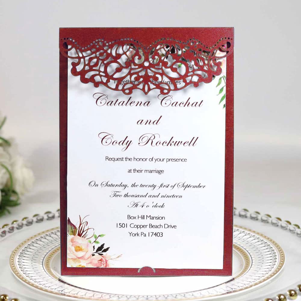 Delicada tarjeta de invitación de boda romántica D Paquete de 50, juego de papel imprimible en blanco y sobres for bodas, fiestas de cumpleaños, fiestas.(Crimson,Blank)