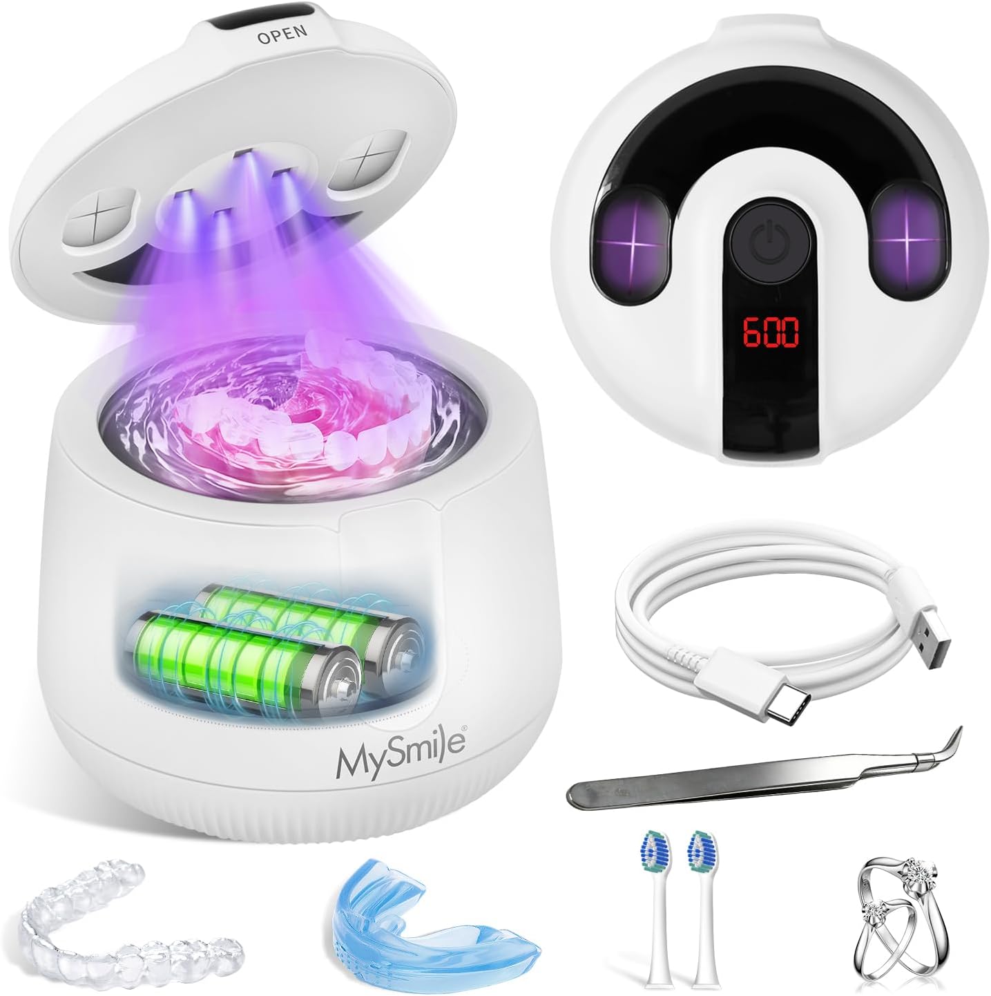 MySmile MS202B Cordless Ultrasonic Retainer Cleaner with UV Light & Timer | 48 kHz, 4 UV, 4 Modes, 4000mAh, 200ML Capacity, Rechargeable, Portable Size, Low Noise, for Dentures, Mouth Guard, White