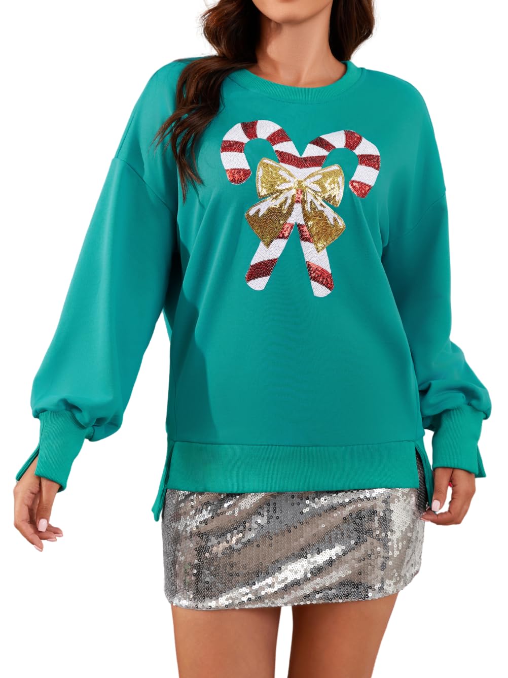 Christmas Sweatshirt Women Sequin Bow Candy Cane Ugly Xmas Sweater Ribbed Crewneck Long Sleeve Sparkly Christmas Top